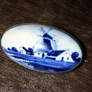 Delf Blue White Windmill Art Piece sterling silver porcelain Holland vintage